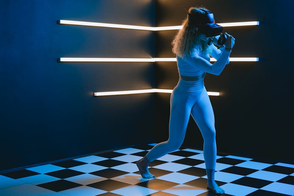 A woman in a futuristic room engaging with a VR headset, highlighting immersive gaming technology.