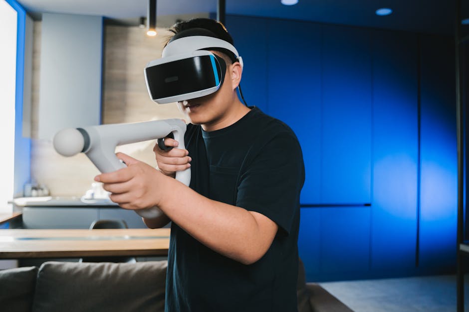 A man using a virtual reality headset and controller for an immersive gaming experience at home.