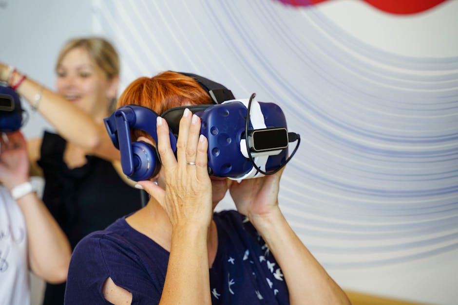 Group of adults enjoying a virtual reality experience using VR headsets indoors.