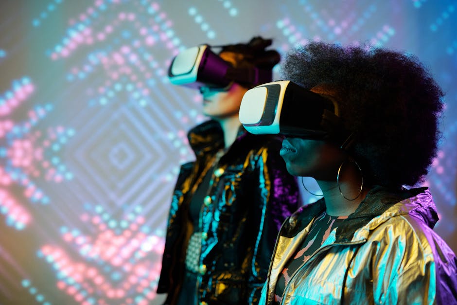 Two women with VR headsets immersed in a vibrant virtual reality world.